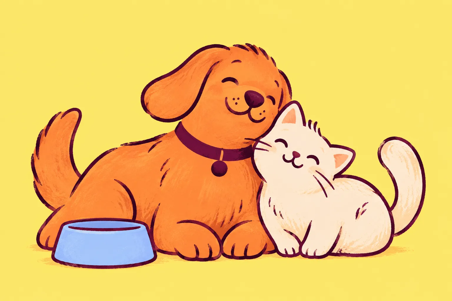 A cuddly orange dog and cream cat leaning together beside their blue food bowl